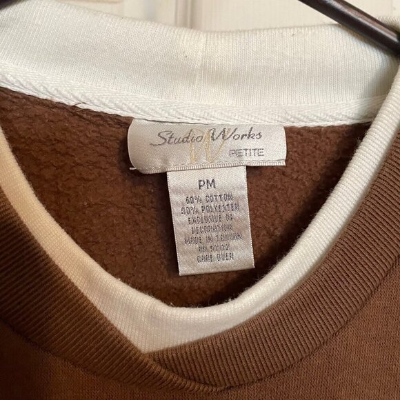 Studio Works Crewneck Sweater Layered Neckline Bird Design Brown Size Petite M - Picture 3 of 4